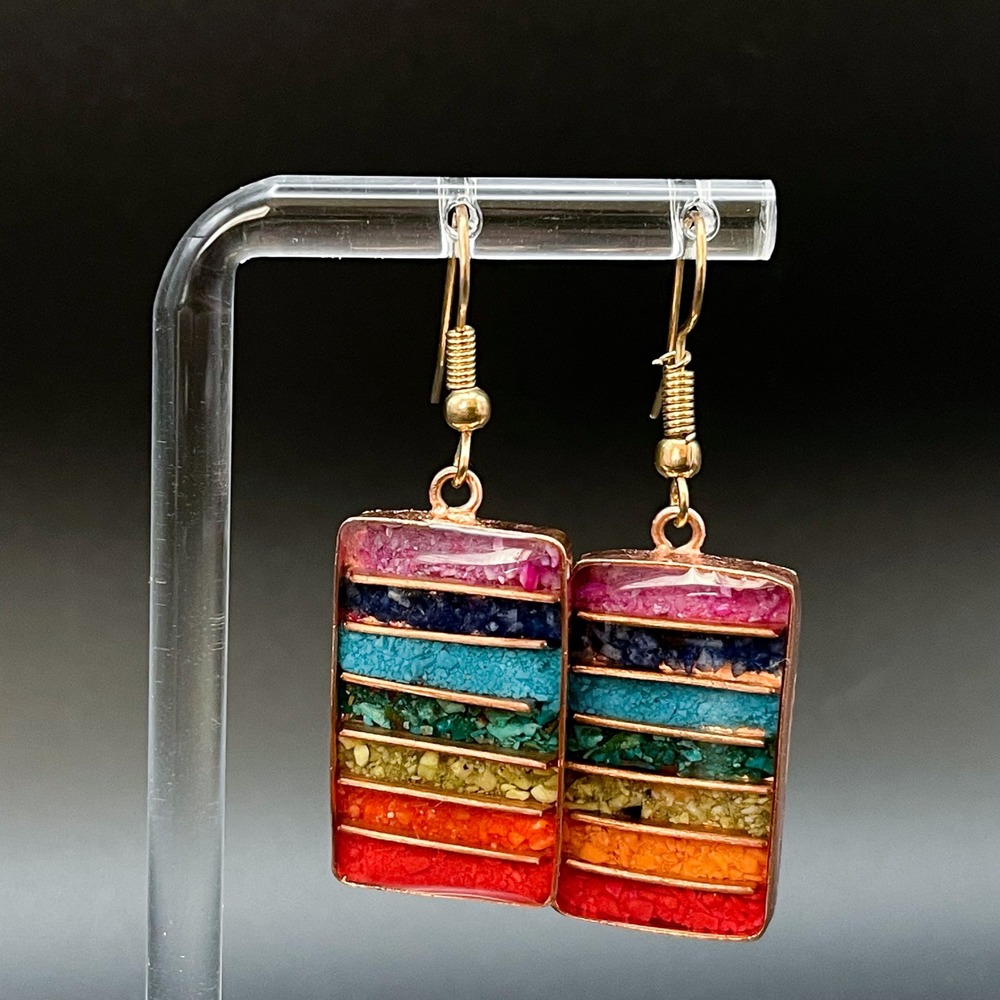 Rainbow Chakra Stone Chip Resin Dangle Earrings Multicolor Copper‎ Boho